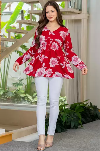 Womens red self design cotton fabric kurtis 3/4 sleeves v-neck