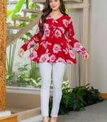 Womens red self design cotton fabric kurtis 3/4 sleeves v-neck