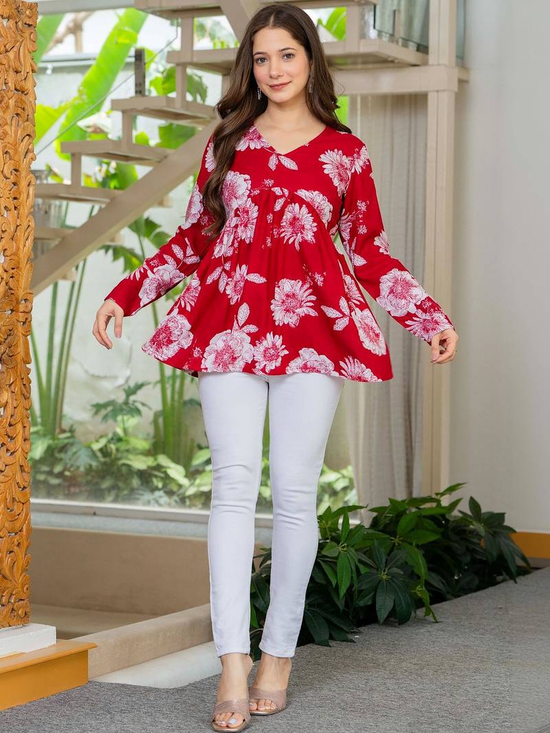 Womens red self design cotton fabric kurtis 3/4 sleeves v-neck