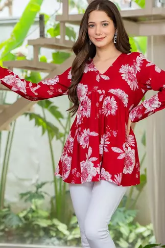 Womens red self design cotton fabric kurtis 3/4 sleeves v-neck