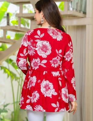 Womens red self design cotton fabric kurtis 3/4 sleeves v-neck 3