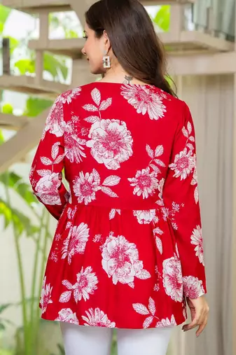 Womens red self design cotton fabric kurtis 3/4 sleeves v-neck