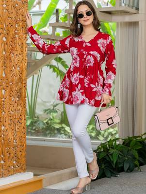 Womens red self design cotton fabric kurtis 3/4 sleeves v-neck 4