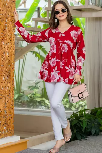 Womens red self design cotton fabric kurtis 3/4 sleeves v-neck