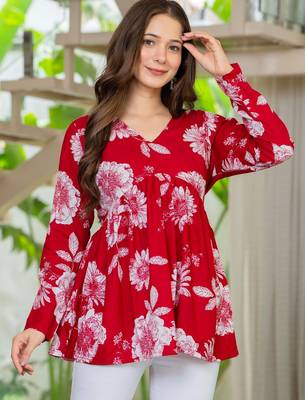 Womens red self design cotton fabric kurtis 3/4 sleeves v-neck 5