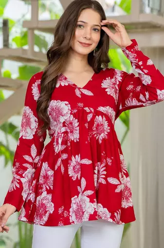 Womens red self design cotton fabric kurtis 3/4 sleeves v-neck
