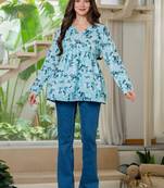 Womens blue self design cotton fabric kurtis 3/4 sleeves v-neck