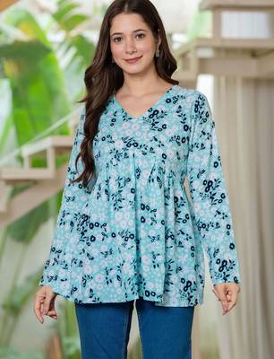 Womens blue self design cotton fabric kurtis 3/4 sleeves v-neck 2