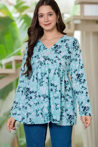 Womens blue self design cotton fabric kurtis 3/4 sleeves v-neck