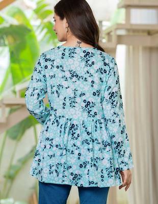 Womens blue self design cotton fabric kurtis 3/4 sleeves v-neck 3