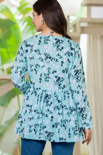 Womens blue self design cotton fabric kurtis 3/4 sleeves v-neck