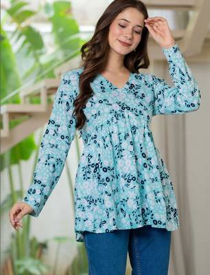 Womens blue self design cotton fabric kurtis 3/4 sleeves v-neck 5
