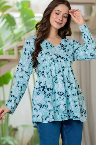 Womens blue self design cotton fabric kurtis 3/4 sleeves v-neck