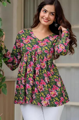 Womens green self design cotton fabric kurtis 3/4 sleeves v-neck