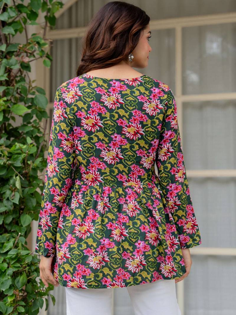 Womens green self design cotton fabric kurtis 3/4 sleeves v-neck