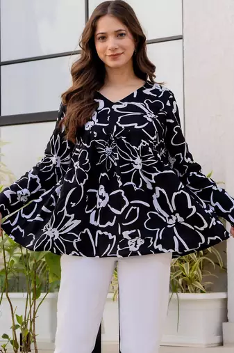 Womens black self design cotton fabric kurtis 3/4 sleeves v-neck