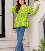Womens lime green self design cotton fabric kurtis 3/4 sleeves v-neck