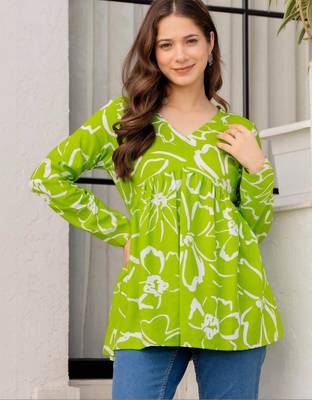 Womens lime green self design cotton fabric kurtis 3/4 sleeves v-neck 2