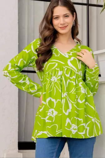 Womens lime green self design cotton fabric kurtis 3/4 sleeves v-neck