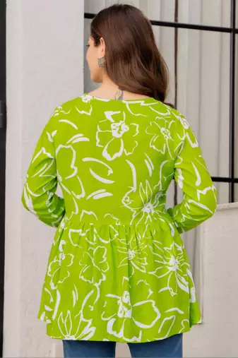 Womens lime green self design cotton fabric kurtis 3/4 sleeves v-neck