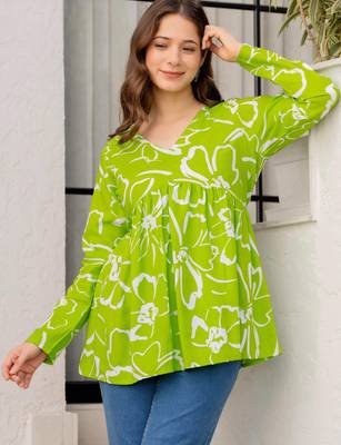 Womens lime green self design cotton fabric kurtis 3/4 sleeves v-neck 5