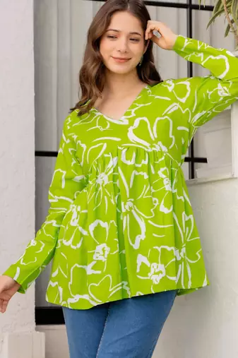 Womens lime green self design cotton fabric kurtis 3/4 sleeves v-neck