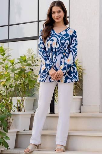 Womens blue self design cotton fabric kurtis 3/4 sleeves v-neck