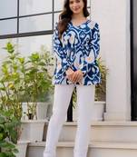 Womens blue self design cotton fabric kurtis 3/4 sleeves v-neck