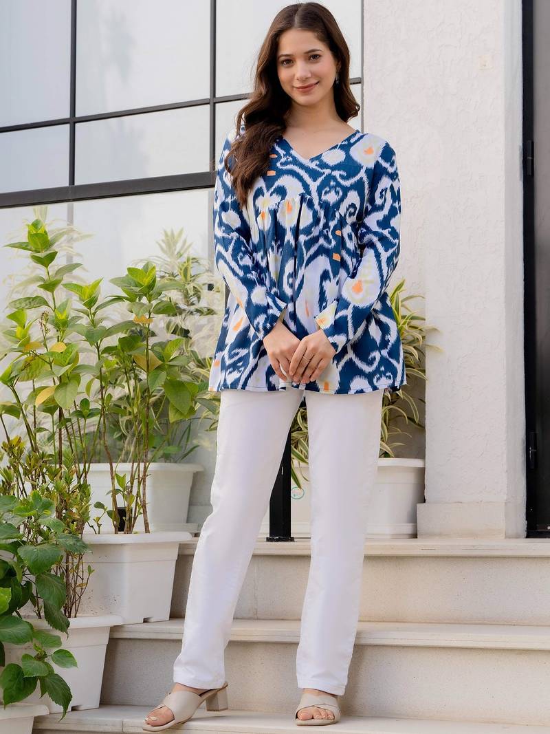 Womens blue self design cotton fabric kurtis 3/4 sleeves v-neck