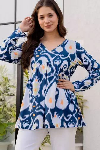 Womens blue self design cotton fabric kurtis 3/4 sleeves v-neck
