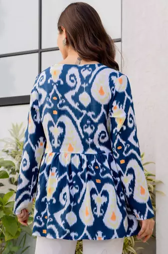 Womens blue self design cotton fabric kurtis 3/4 sleeves v-neck