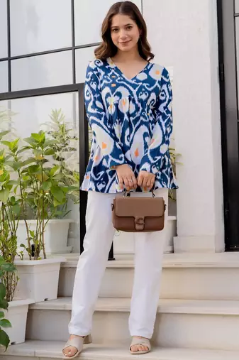 Womens blue self design cotton fabric kurtis 3/4 sleeves v-neck