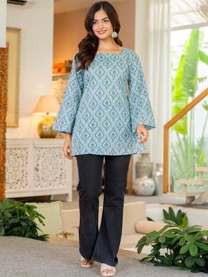 Womens blue self design cotton fabric kurtis 3/4 sleeves sqaure neck 1