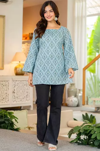 Womens blue self design cotton fabric kurtis 3/4 sleeves sqaure neck