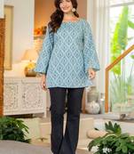 Womens blue self design cotton fabric kurtis 3/4 sleeves sqaure neck