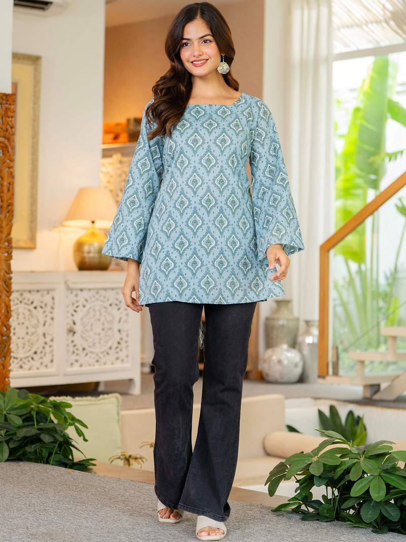Womens blue self design cotton fabric kurtis 3/4 sleeves sqaure neck