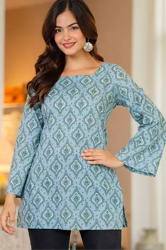 Womens blue self design cotton fabric kurtis 3/4 sleeves sqaure neck