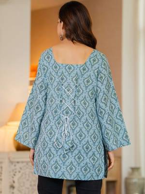 Womens blue self design cotton fabric kurtis 3/4 sleeves sqaure neck 3