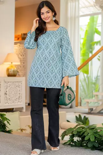 Womens blue self design cotton fabric kurtis 3/4 sleeves sqaure neck