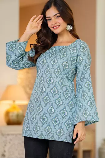 Womens blue self design cotton fabric kurtis 3/4 sleeves sqaure neck