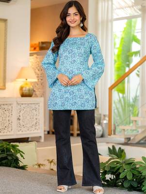 Womens blue self design cotton fabric kurtis 3/4 sleeves sqaure neck 1