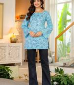 Womens blue self design cotton fabric kurtis 3/4 sleeves sqaure neck