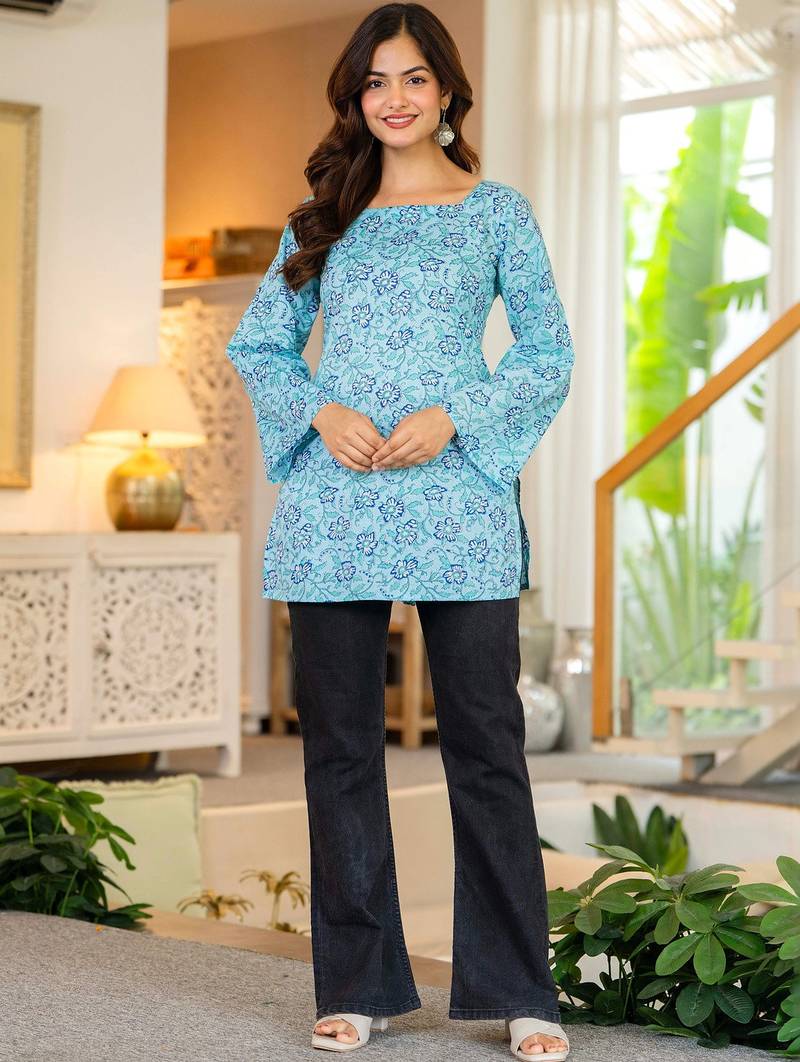 Womens blue self design cotton fabric kurtis 3/4 sleeves sqaure neck