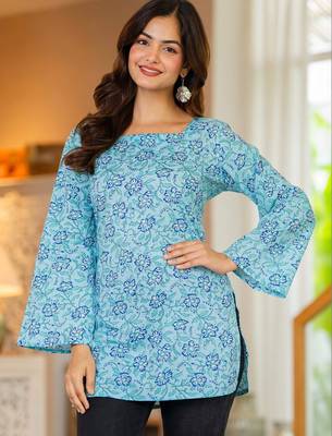 Womens blue self design cotton fabric kurtis 3/4 sleeves sqaure neck 2