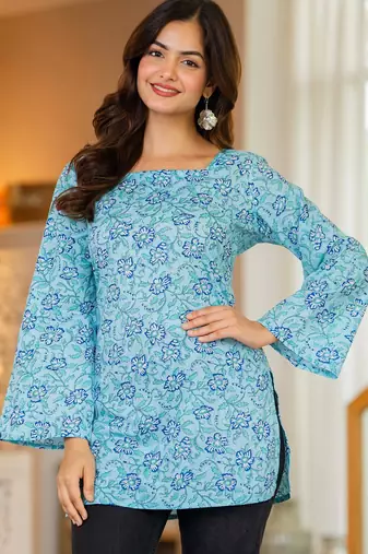 Womens blue self design cotton fabric kurtis 3/4 sleeves sqaure neck