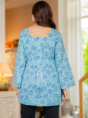 Womens blue self design cotton fabric kurtis 3/4 sleeves sqaure neck 3