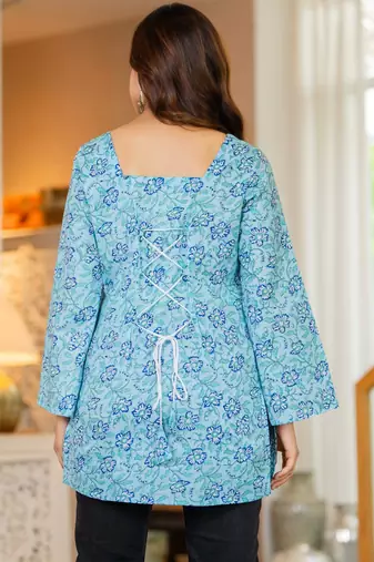 Womens blue self design cotton fabric kurtis 3/4 sleeves sqaure neck