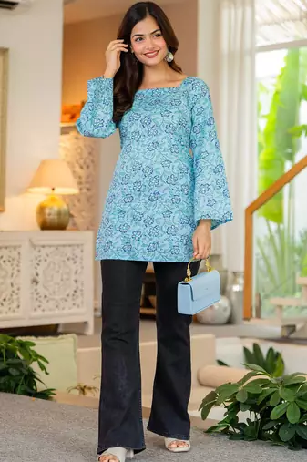 Womens blue self design cotton fabric kurtis 3/4 sleeves sqaure neck