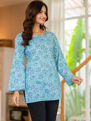 Womens blue self design cotton fabric kurtis 3/4 sleeves sqaure neck 5