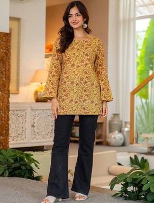 Womens yellow self design cotton fabric kurtis 3/4 sleeves sqaure neck 1